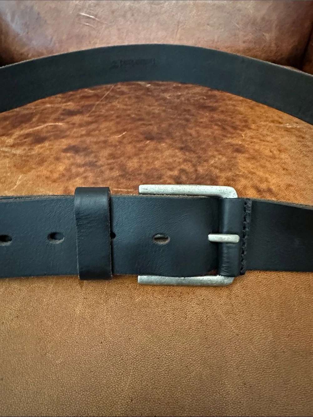 Timberland Black Leather Men's Belt with Brushed Silver Buckle Size 42